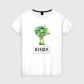 Женская футболка хлопок с принтом KINZA в Новосибирске, 100% хлопок | прямой крой, круглый вырез горловины, длина до линии бедер, слегка спущенное плечо | kenzo | kinza | антибренд | бренд | кензо | кинза | пародии