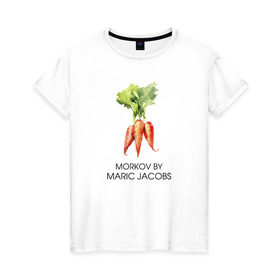 Женская футболка хлопок с принтом MORKOV BY MARIC JACOBS в Новосибирске, 100% хлопок | прямой крой, круглый вырез горловины, длина до линии бедер, слегка спущенное плечо | jacobs mark | morkov | антибренд | бренд | пародии