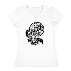 Женская футболка хлопок с принтом Ловец снов в Новосибирске, 100% хлопок | прямой крой, круглый вырез горловины, длина до линии бедер, слегка спущенное плечо | волк | ловец снов | трайбл | фауна | этно