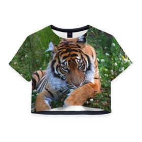 Женская футболка 3D укороченная с принтом Скромный тигр в Новосибирске, 100% полиэстер | круглая горловина, длина футболки до линии талии, рукава с отворотами | дикие | лев | милые | новинки | орел | популярные | прикольные | природа | птицы | тигр | яркие