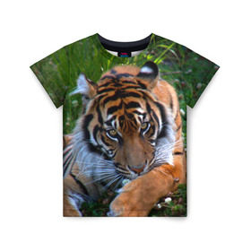 Детская футболка 3D с принтом Скромный тигр в Новосибирске, 100% гипоаллергенный полиэфир | прямой крой, круглый вырез горловины, длина до линии бедер, чуть спущенное плечо, ткань немного тянется | Тематика изображения на принте: дикие | лев | милые | новинки | орел | популярные | прикольные | природа | птицы | тигр | яркие