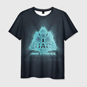 Мужская футболка 3D с принтом Union Aerospace corporation в Новосибирске, 100% полиэфир | прямой крой, круглый вырез горловины, длина до линии бедер | doom | uac | дум | космос
