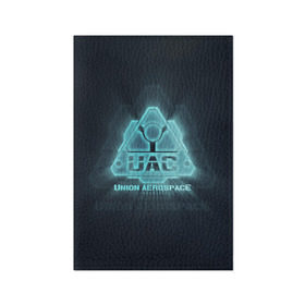Обложка для паспорта матовая кожа с принтом Union Aerospace corporation в Новосибирске, натуральная матовая кожа | размер 19,3 х 13,7 см; прозрачные пластиковые крепления | Тематика изображения на принте: doom | uac | дум | космос