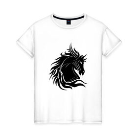 Женская футболка хлопок с принтом Лошадь трайбл в Новосибирске, 100% хлопок | прямой крой, круглый вырез горловины, длина до линии бедер, слегка спущенное плечо | голова | животные | лошадь | трайбл | фауна