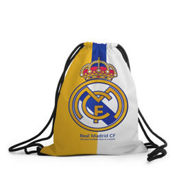 Рюкзак-мешок 3D с принтом Real Madrid CF в Новосибирске, 100% полиэстер | плотность ткани — 200 г/м2, размер — 35 х 45 см; лямки — толстые шнурки, застежка на шнуровке, без карманов и подкладки | Тематика изображения на принте: football | испания | клуб | мадрид | реал | фк | футбольный