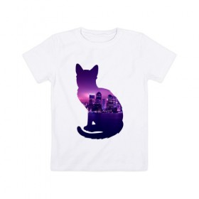 Детская футболка хлопок с принтом кошка город в Новосибирске, 100% хлопок | круглый вырез горловины, полуприлегающий силуэт, длина до линии бедер | вода | город | залив | здания | киса | кот | кошка | огни | розовый | фиолетовый