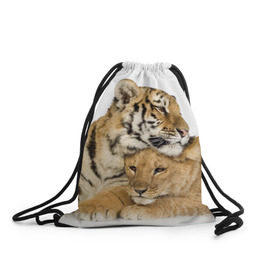 Рюкзак-мешок 3D с принтом Тигр и львица в Новосибирске, 100% полиэстер | плотность ткани — 200 г/м2, размер — 35 х 45 см; лямки — толстые шнурки, застежка на шнуровке, без карманов и подкладки | Тематика изображения на принте: дикие | милые | природа | тигр | яркие
