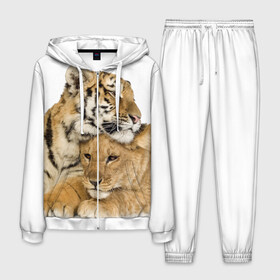 Мужской костюм 3D с принтом Тигр и львица в Новосибирске, 100% полиэстер | Манжеты и пояс оформлены тканевой резинкой, двухслойный капюшон со шнурком для регулировки, карманы спереди | дикие | милые | природа | тигр | яркие