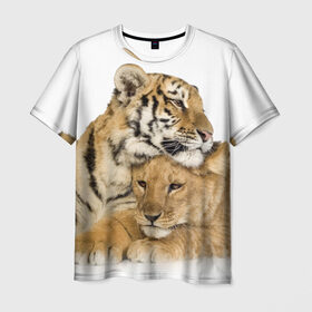 Мужская футболка 3D с принтом Тигр и львица в Новосибирске, 100% полиэфир | прямой крой, круглый вырез горловины, длина до линии бедер | дикие | милые | природа | тигр | яркие