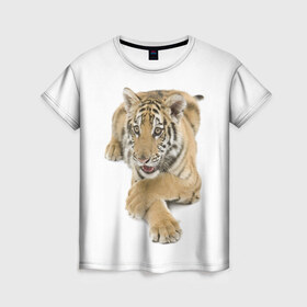 Женская футболка 3D с принтом Ласковый тигренок в Новосибирске, 100% полиэфир ( синтетическое хлопкоподобное полотно) | прямой крой, круглый вырез горловины, длина до линии бедер | Тематика изображения на принте: дикие | милые | природа | тигр | яркие