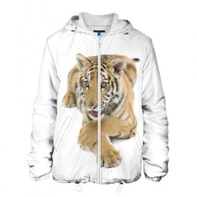 Мужская куртка 3D с принтом Ласковый тигренок в Новосибирске, ткань верха — 100% полиэстер, подклад — флис | прямой крой, подол и капюшон оформлены резинкой с фиксаторами, два кармана без застежек по бокам, один большой потайной карман на груди. Карман на груди застегивается на липучку | дикие | милые | природа | тигр | яркие