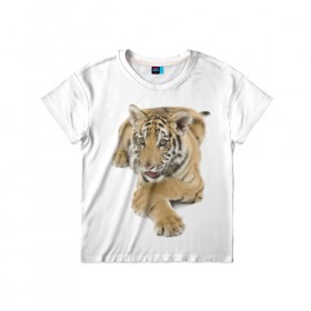 Детская футболка 3D с принтом Ласковый тигренок в Новосибирске, 100% гипоаллергенный полиэфир | прямой крой, круглый вырез горловины, длина до линии бедер, чуть спущенное плечо, ткань немного тянется | Тематика изображения на принте: дикие | милые | природа | тигр | яркие