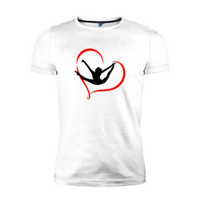 Мужская футболка премиум с принтом Гимнастка с лентой в Новосибирске, 92% хлопок, 8% лайкра | приталенный силуэт, круглый вырез ворота, длина до линии бедра, короткий рукав | булавы | гимнастика | гимнастка | лента | мяч | обруч | художественная гимнастика