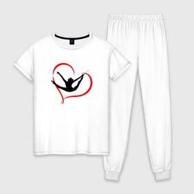 Женская пижама хлопок с принтом Гимнастка с лентой в Новосибирске, 100% хлопок | брюки и футболка прямого кроя, без карманов, на брюках мягкая резинка на поясе и по низу штанин | булавы | гимнастика | гимнастка | лента | мяч | обруч | художественная гимнастика