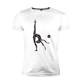 Мужская футболка премиум с принтом Гимнастка с мячом в Новосибирске, 92% хлопок, 8% лайкра | приталенный силуэт, круглый вырез ворота, длина до линии бедра, короткий рукав | Тематика изображения на принте: булавы | гимнастика | гимнастка | лента | мяч | обруч | художественная гимнастика