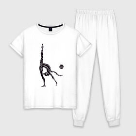 Женская пижама хлопок с принтом Гимнастка с мячом в Новосибирске, 100% хлопок | брюки и футболка прямого кроя, без карманов, на брюках мягкая резинка на поясе и по низу штанин | булавы | гимнастика | гимнастка | лента | мяч | обруч | художественная гимнастика