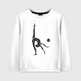 Детский лонгслив хлопок с принтом Гимнастка с мячом в Новосибирске, 100% хлопок | круглый вырез горловины, полуприлегающий силуэт, длина до линии бедер | булавы | гимнастика | гимнастка | лента | мяч | обруч | художественная гимнастика