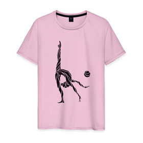 Мужская футболка хлопок с принтом Гимнастка с мячом в Новосибирске, 100% хлопок | прямой крой, круглый вырез горловины, длина до линии бедер, слегка спущенное плечо. | булавы | гимнастика | гимнастка | лента | мяч | обруч | художественная гимнастика