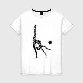 Женская футболка хлопок с принтом Гимнастка с мячом в Новосибирске, 100% хлопок | прямой крой, круглый вырез горловины, длина до линии бедер, слегка спущенное плечо | Тематика изображения на принте: булавы | гимнастика | гимнастка | лента | мяч | обруч | художественная гимнастика
