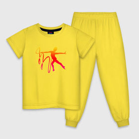 Детская пижама хлопок с принтом Гимнастка с лентой 2 в Новосибирске, 100% хлопок |  брюки и футболка прямого кроя, без карманов, на брюках мягкая резинка на поясе и по низу штанин
 | булавы | гимнастика | гимнастка | лента | мяч | обруч | художественная гимнастика
