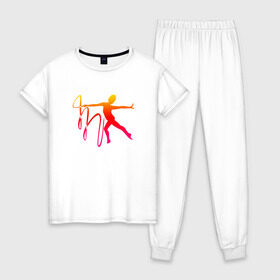 Женская пижама хлопок с принтом Гимнастка с лентой 2 в Новосибирске, 100% хлопок | брюки и футболка прямого кроя, без карманов, на брюках мягкая резинка на поясе и по низу штанин | булавы | гимнастика | гимнастка | лента | мяч | обруч | художественная гимнастика