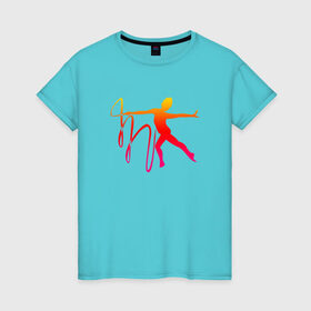 Женская футболка хлопок с принтом Гимнастка с лентой 2 в Новосибирске, 100% хлопок | прямой крой, круглый вырез горловины, длина до линии бедер, слегка спущенное плечо | булавы | гимнастика | гимнастка | лента | мяч | обруч | художественная гимнастика