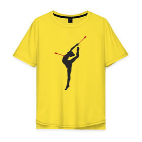 Мужская футболка хлопок Oversize с принтом Гимнастка с булавами в Новосибирске, 100% хлопок | свободный крой, круглый ворот, “спинка” длиннее передней части | Тематика изображения на принте: булавы | гимнастика | гимнастка | лента | мяч | обруч | художественная гимнастика