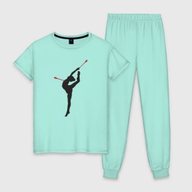 Женская пижама хлопок с принтом Гимнастка с булавами в Новосибирске, 100% хлопок | брюки и футболка прямого кроя, без карманов, на брюках мягкая резинка на поясе и по низу штанин | булавы | гимнастика | гимнастка | лента | мяч | обруч | художественная гимнастика