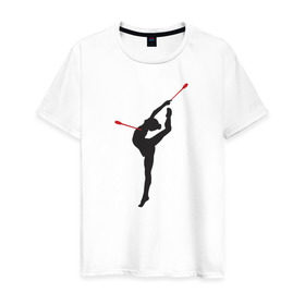 Мужская футболка хлопок с принтом Гимнастка с булавами в Новосибирске, 100% хлопок | прямой крой, круглый вырез горловины, длина до линии бедер, слегка спущенное плечо. | булавы | гимнастика | гимнастка | лента | мяч | обруч | художественная гимнастика