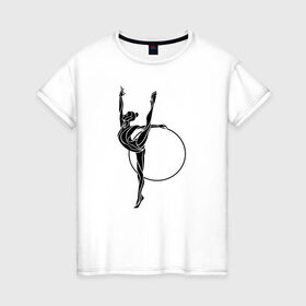 Женская футболка хлопок с принтом Гимнастка с обручем в Новосибирске, 100% хлопок | прямой крой, круглый вырез горловины, длина до линии бедер, слегка спущенное плечо | булавы | гимнастика | гимнастка | лента | мяч | обруч | художественная гимнастика