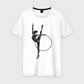 Мужская футболка хлопок с принтом Гимнастка с обручем в Новосибирске, 100% хлопок | прямой крой, круглый вырез горловины, длина до линии бедер, слегка спущенное плечо. | булавы | гимнастика | гимнастка | лента | мяч | обруч | художественная гимнастика
