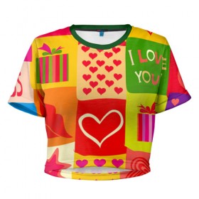 Женская футболка 3D укороченная с принтом Праздник любви 2 в Новосибирске, 100% полиэстер | круглая горловина, длина футболки до линии талии, рукава с отворотами | губы | любовь | подарок | поцелуй | праздник | святой валентин | сердце | счастье | я люблю тебя