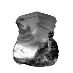 Бандана-труба 3D с принтом Маяк в Новосибирске, 100% полиэстер, ткань с особыми свойствами — Activecool | плотность 150‒180 г/м2; хорошо тянется, но сохраняет форму | black   white | forest | lighthouse | photo | rocks | sea | shore | spruce | sunset | waves | берег | волны | ельник | закат | камни | лес | маяк | море