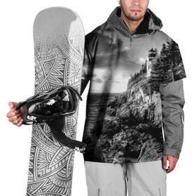 Накидка на куртку 3D с принтом Маяк в Новосибирске, 100% полиэстер |  | black   white | forest | lighthouse | photo | rocks | sea | shore | spruce | sunset | waves | берег | волны | ельник | закат | камни | лес | маяк | море