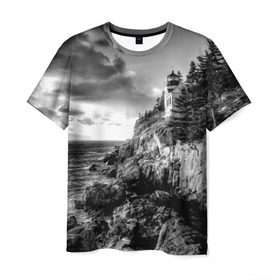 Мужская футболка 3D с принтом Маяк в Новосибирске, 100% полиэфир | прямой крой, круглый вырез горловины, длина до линии бедер | Тематика изображения на принте: black   white | forest | lighthouse | photo | rocks | sea | shore | spruce | sunset | waves | берег | волны | ельник | закат | камни | лес | маяк | море