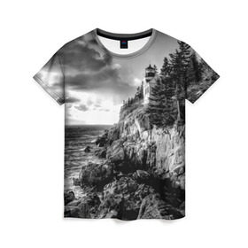 Женская футболка 3D с принтом Маяк в Новосибирске, 100% полиэфир ( синтетическое хлопкоподобное полотно) | прямой крой, круглый вырез горловины, длина до линии бедер | black   white | forest | lighthouse | photo | rocks | sea | shore | spruce | sunset | waves | берег | волны | ельник | закат | камни | лес | маяк | море