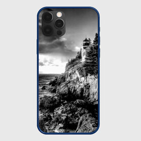 Чехол для iPhone 12 Pro с принтом Маяк в Новосибирске, силикон | область печати: задняя сторона чехла, без боковых панелей | black   white | forest | lighthouse | photo | rocks | sea | shore | spruce | sunset | waves | берег | волны | ельник | закат | камни | лес | маяк | море