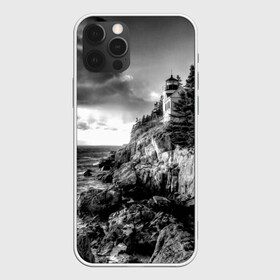 Чехол для iPhone 12 Pro Max с принтом Маяк в Новосибирске, Силикон |  | black   white | forest | lighthouse | photo | rocks | sea | shore | spruce | sunset | waves | берег | волны | ельник | закат | камни | лес | маяк | море