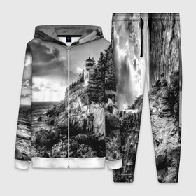 Женский костюм 3D с принтом Маяк в Новосибирске,  |  | black   white | forest | lighthouse | photo | rocks | sea | shore | spruce | sunset | waves | берег | волны | ельник | закат | камни | лес | маяк | море