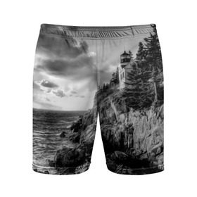 Мужские шорты 3D спортивные с принтом Маяк в Новосибирске,  |  | black   white | forest | lighthouse | photo | rocks | sea | shore | spruce | sunset | waves | берег | волны | ельник | закат | камни | лес | маяк | море