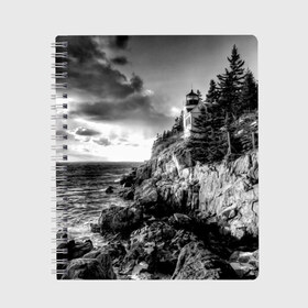 Тетрадь с принтом Маяк в Новосибирске, 100% бумага | 48 листов, плотность листов — 60 г/м2, плотность картонной обложки — 250 г/м2. Листы скреплены сбоку удобной пружинной спиралью. Уголки страниц и обложки скругленные. Цвет линий — светло-серый
 | black   white | forest | lighthouse | photo | rocks | sea | shore | spruce | sunset | waves | берег | волны | ельник | закат | камни | лес | маяк | море