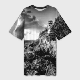 Платье-футболка 3D с принтом Маяк в Новосибирске,  |  | black   white | forest | lighthouse | photo | rocks | sea | shore | spruce | sunset | waves | берег | волны | ельник | закат | камни | лес | маяк | море