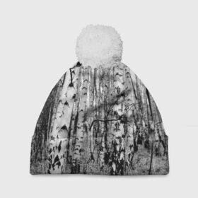 Шапка 3D c помпоном с принтом Березовая роща в Новосибирске, 100% полиэстер | универсальный размер, печать по всей поверхности изделия | birch | birch grove | black   white | forest | photo | trees | березовая | березы | деревья | лес | роща | фото | черно   белое
