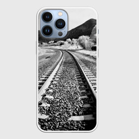 Чехол для iPhone 13 Pro Max с принтом Железная дорога в Новосибирске,  |  | black   white | landscape | mountains | photo | rail | rails | road | sky | sleepers | trees | горы | деревья | дорога | железная | небо | пейзаж | рельсы | фото | черно   белое | шпалы