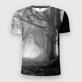 Мужская футболка 3D спортивная с принтом Туман в лесу в Новосибирске, 100% полиэстер с улучшенными характеристиками | приталенный силуэт, круглая горловина, широкие плечи, сужается к линии бедра | black   white | fog | forest | morning | photo | silhouette | trees | деревья | лес | силуэт | туман | утро | фото | черно   белое