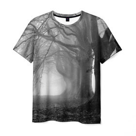 Мужская футболка 3D с принтом Туман в лесу в Новосибирске, 100% полиэфир | прямой крой, круглый вырез горловины, длина до линии бедер | Тематика изображения на принте: black   white | fog | forest | morning | photo | silhouette | trees | деревья | лес | силуэт | туман | утро | фото | черно   белое