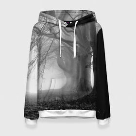 Женская толстовка 3D с принтом Туман в лесу в Новосибирске, 100% полиэстер  | двухслойный капюшон со шнурком для регулировки, мягкие манжеты на рукавах и по низу толстовки, спереди карман-кенгуру с мягким внутренним слоем. | black   white | fog | forest | morning | photo | silhouette | trees | деревья | лес | силуэт | туман | утро | фото | черно   белое