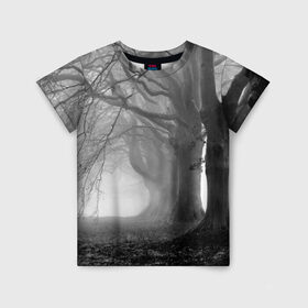 Детская футболка 3D с принтом Туман в лесу в Новосибирске, 100% гипоаллергенный полиэфир | прямой крой, круглый вырез горловины, длина до линии бедер, чуть спущенное плечо, ткань немного тянется | black   white | fog | forest | morning | photo | silhouette | trees | деревья | лес | силуэт | туман | утро | фото | черно   белое