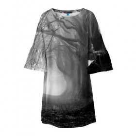 Детское платье 3D с принтом Туман в лесу в Новосибирске, 100% полиэстер | прямой силуэт, чуть расширенный к низу. Круглая горловина, на рукавах — воланы | black   white | fog | forest | morning | photo | silhouette | trees | деревья | лес | силуэт | туман | утро | фото | черно   белое