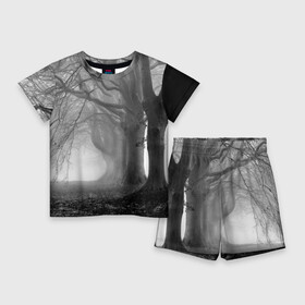 Детский костюм с шортами 3D с принтом Туман в лесу в Новосибирске,  |  | black   white | fog | forest | morning | photo | silhouette | trees | деревья | лес | силуэт | туман | утро | фото | черно   белое